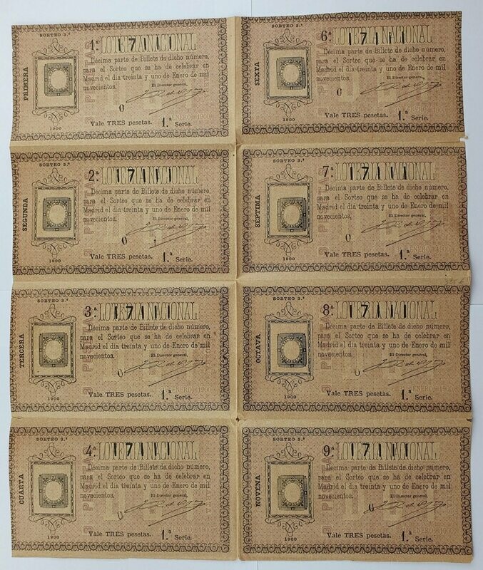 LOTERIA NACIONAL. SORTEO Nº 3 DEL 31 DE ENERO DE 1900. BLOQUE DE 8 SIN CORTAR