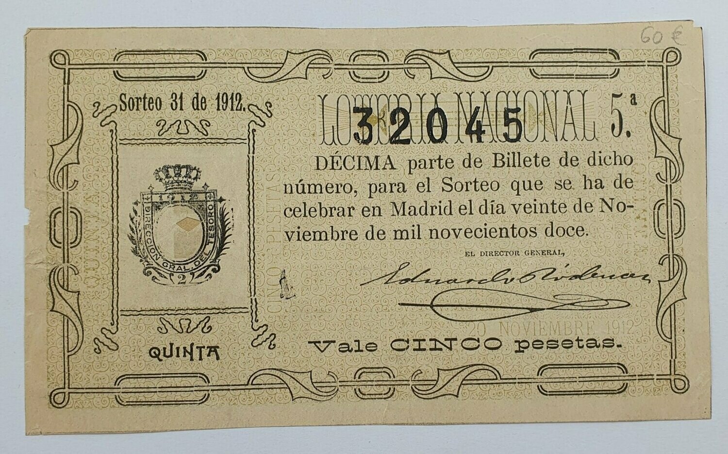LOTERIA NACIONAL. SORTEO Nº  31 DEL 20 DE NOVIEMBRE DE 1912.