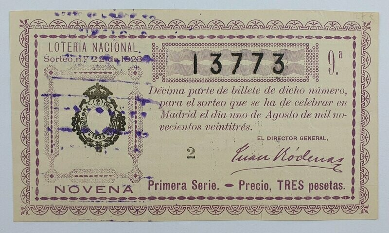 LOTERIA NACIONAL. SORTEO Nº 22 DEL 1 DE AGOSTO DE 1923