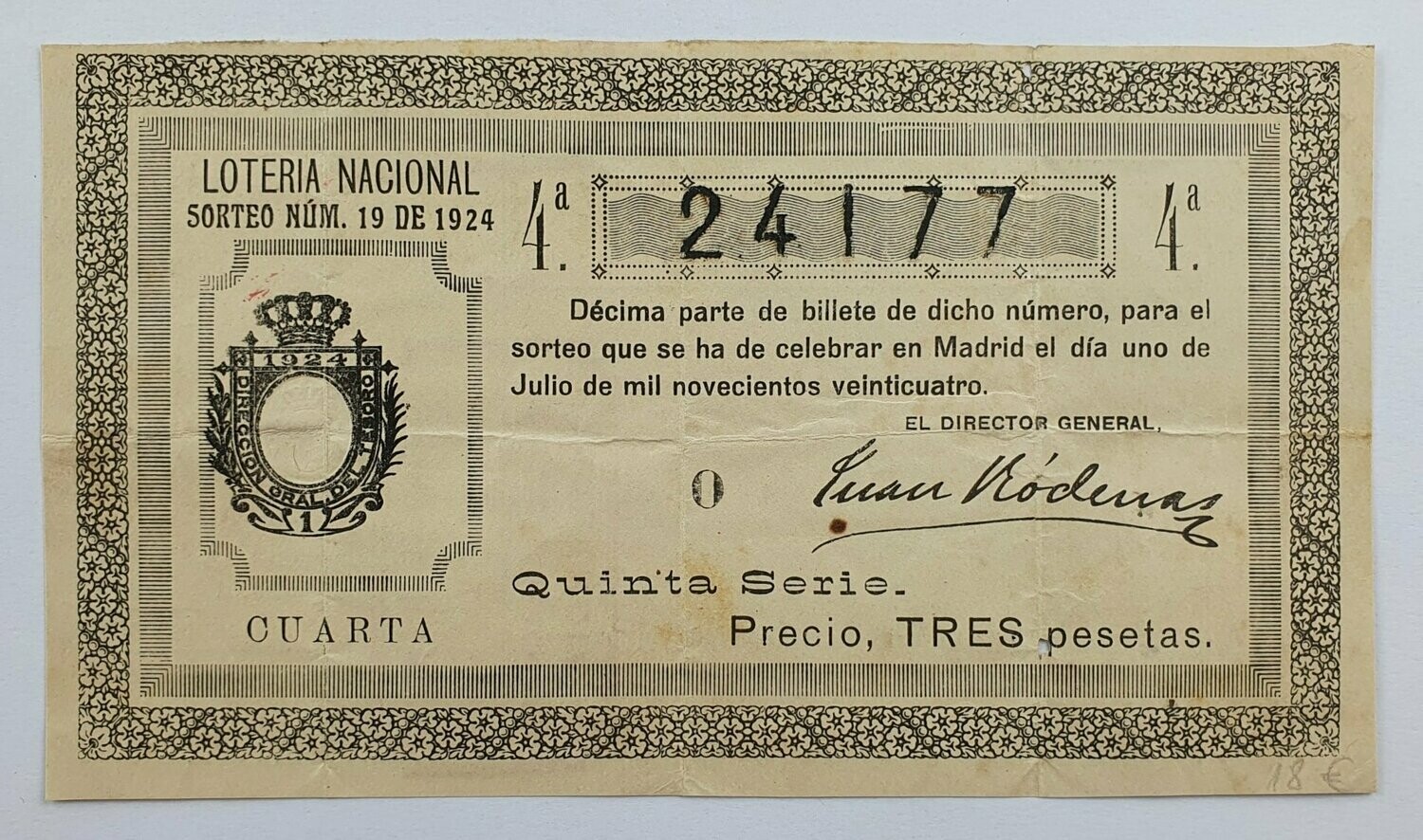 LOTERIA NACIONAL. SORTEO Nº 19 DEL 1 DE JULIO DE 1924