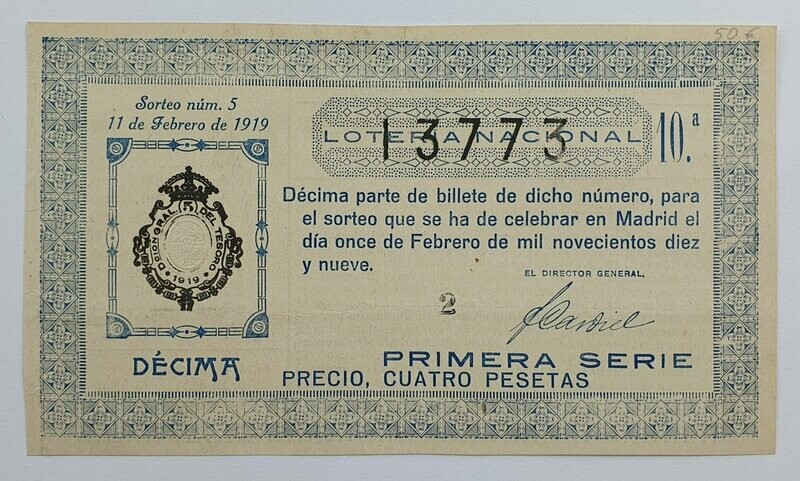 LOTERIA NACIONAL. SORTEO Nº 5 DEL 11 DE FEBRERO DE 1919