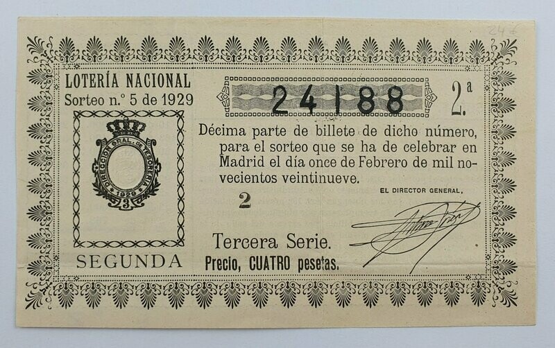 LOTERIA NACIONAL. SORTEO Nº 5 DEL 11 DE FEBRERO DE 1929
