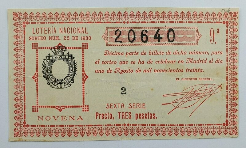 LOTERIA NACIONAL. SORTEO Nº 22 DEL 1 DE AGOSTO DE 1930