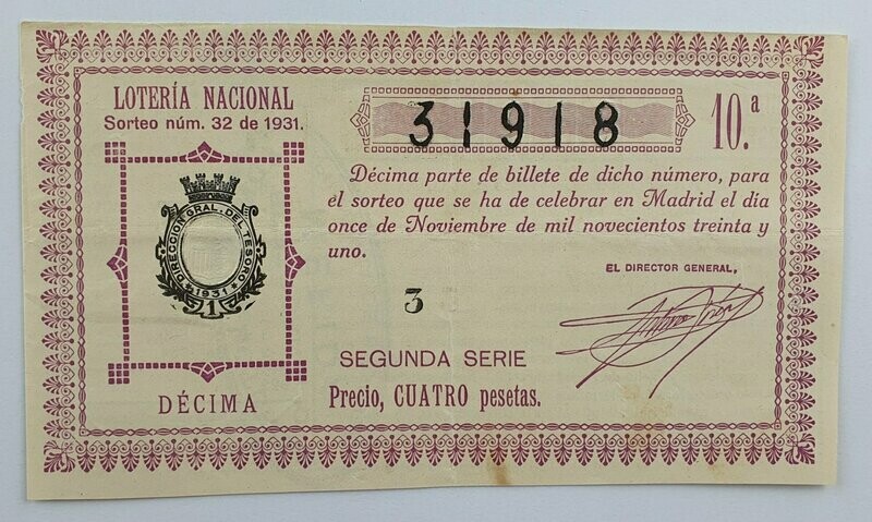 LOTERIA NACIONAL. SORTEO Nº 32 DEL 11 DE NOVIEMBRE DE 1931