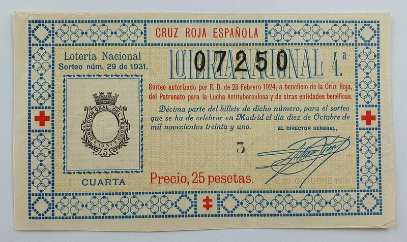 LOTERIA NACIONAL. SORTEO Nº 29 DEL 10 DE OCTUBRE DE 1931