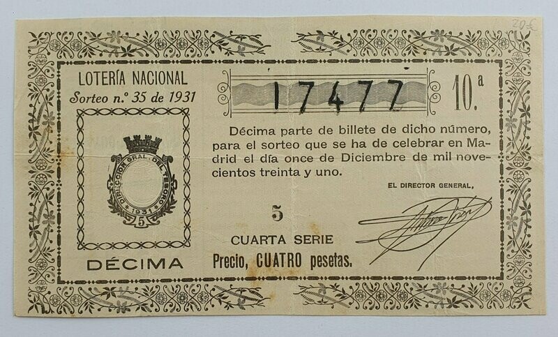 LOTERIA NACIONAL. SORTEO Nº 35 DEL 11 DE DICIEMBRE DE 1931