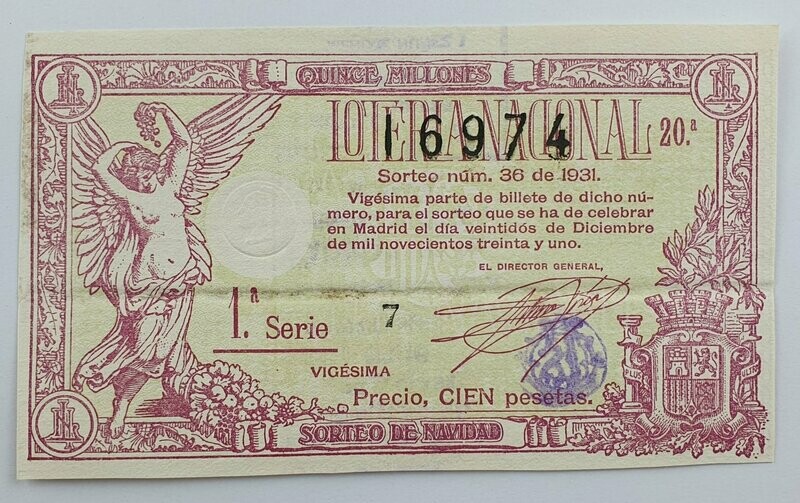 LOTERIA NACIONAL. SORTEO Nº 36 DEL 22 DE DICIEMBRE DE 1931