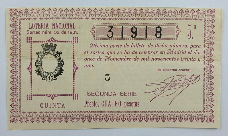 LOTERIA NACIONAL. SORTEO Nº 32 DEL 11 DE NOVIEMBRE DE 1931