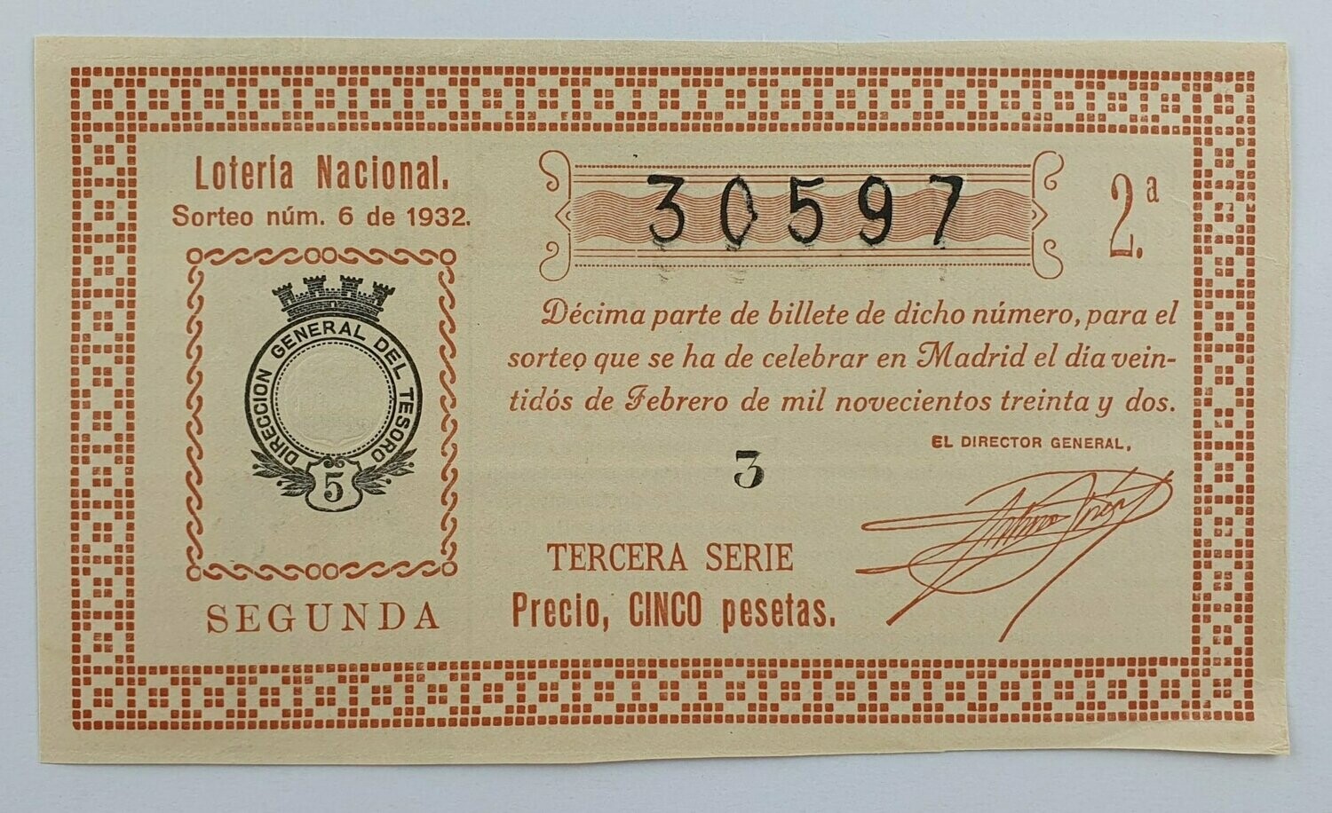 LOTERIA NACIONAL. SORTEO Nº 6 DEL 22 DE FEBRERO DE 1932