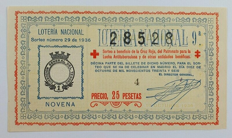 LOTERIA NACIONAL. SORTEO Nº 29 DEL 10 DE OCTUBRE DE 1936