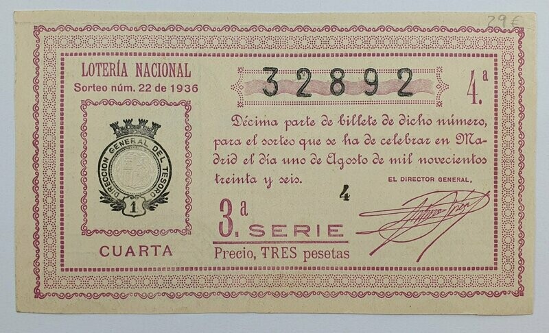 LOTERIA NACIONAL. SORTEO Nº 22 DEL 1 DE AGOSTO DE 1936