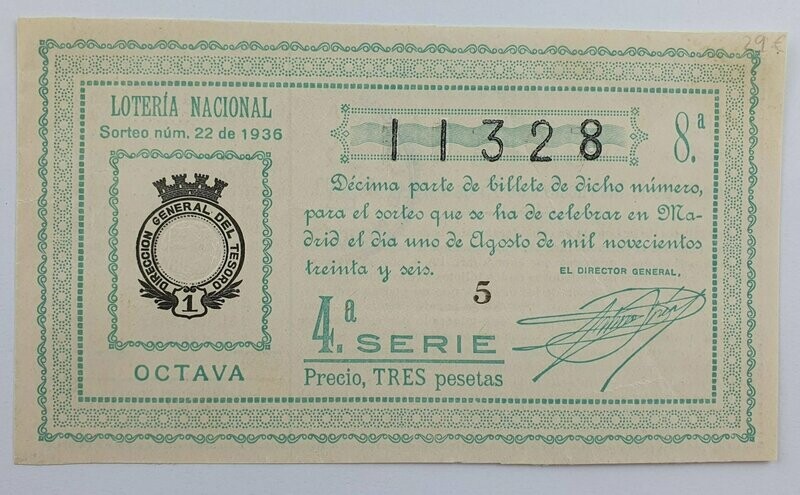 LOTERIA NACIONAL. SORTEO Nº 22 DEL 1 DE AGOSTO DE 1936