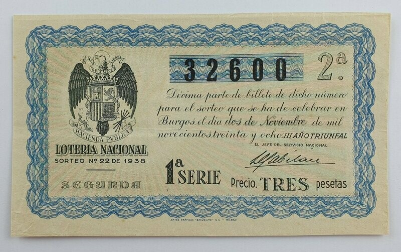 LOTERIA NACIONAL. SORTEO Nº 22 DEL 2 DE NOVIEMBRE DE 1938