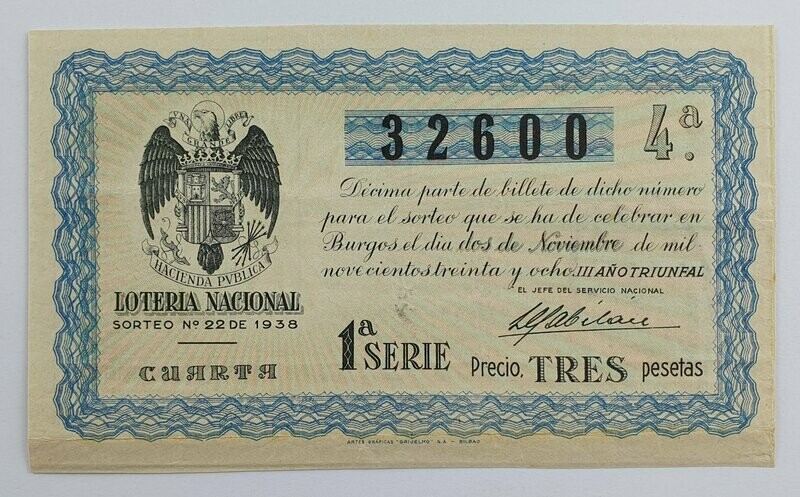 LOTERIA NACIONAL. SORTEO Nº 22 DEL 2 DE NOVIEMBRE DE 1938