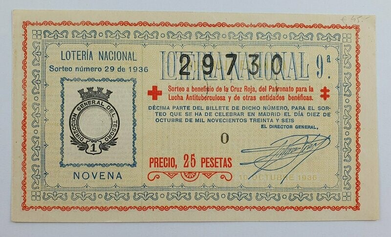 LOTERIA NACIONAL. SORTEO Nº 29 DEL 10 DE OCTUBRE DE 1936