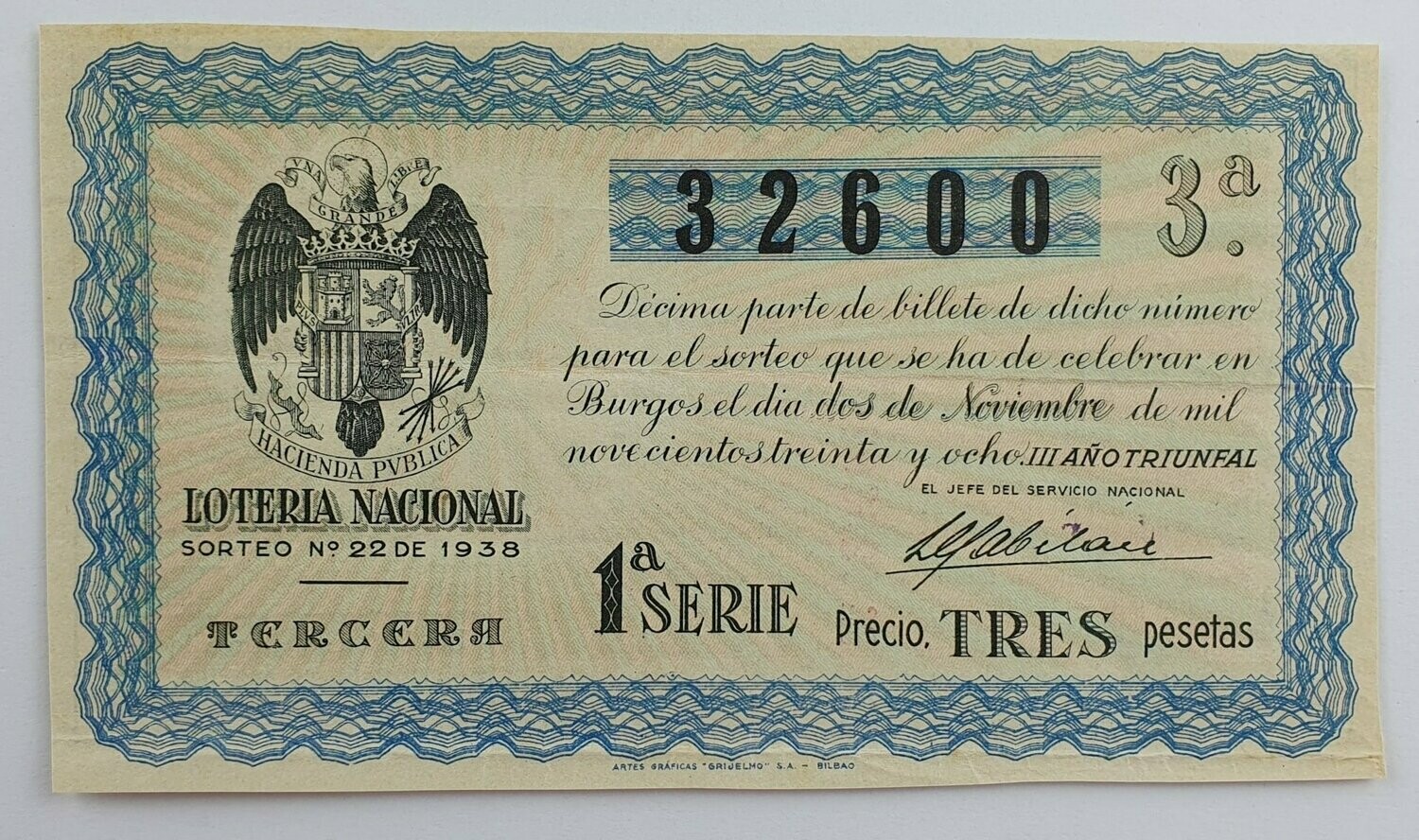 LOTERIA NACIONAL. SORTEO Nº 22 DEL 2 DE NOVIEMBRE DE 1938