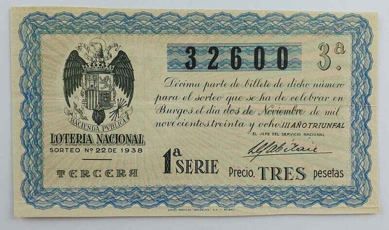 LOTERIA NACIONAL. SORTEO Nº 22 DEL 2 DE NOVIEMBRE DE 1938