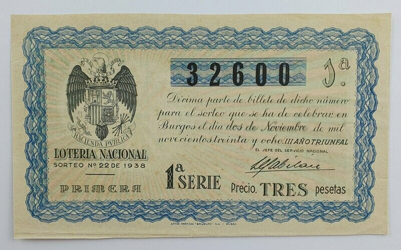 LOTERIA NACIONAL. SORTEO Nº 22 DEL 2 DE NOVIEMBRE DE 1938
