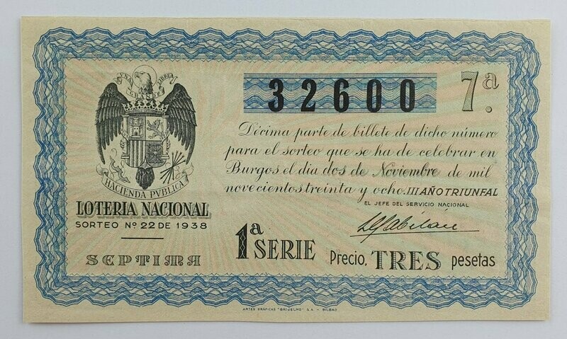 LOTERIA NACIONAL. SORTEO Nº 22 DEL 2 DE NOVIEMBRE DE 1938