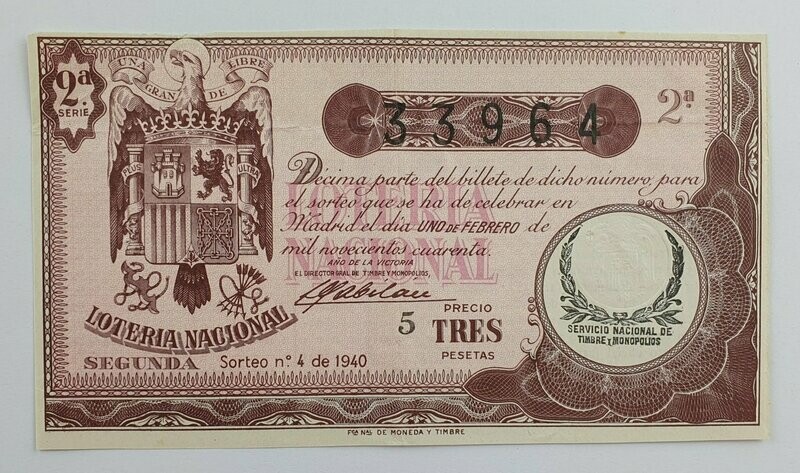 LOTERIA NACIONAL. SORTEO Nº 4 DEL 1 DE FEBRERO DE 1940