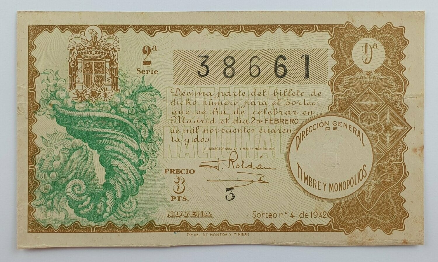 LOTERIA NACIONAL. SORTEO Nº 4 DEL 2 DE FEBRERO DE 1942