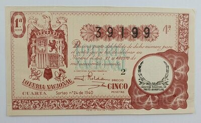 LOTERIA NACIONAL. SORTEO Nº 24 DEL 21 DE AGOSTO DE 1940