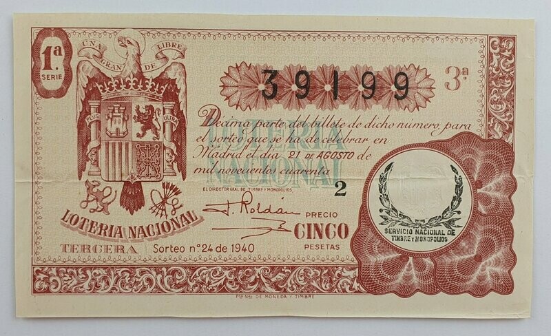 LOTERIA NACIONAL. SORTEO Nº 24 DEL 21 DE AGOSTO DE 1940