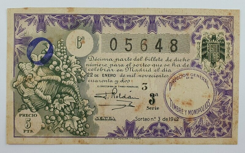 LOTERIA NACIONAL. SORTEO Nº 3 DEL 22 DE ENERO DE 1942