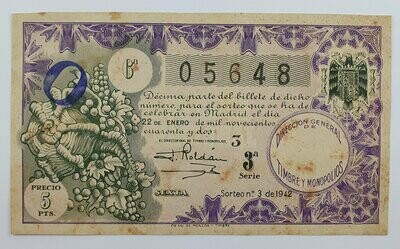 LOTERIA NACIONAL. SORTEO Nº 3 DEL 22 DE ENERO DE 1942