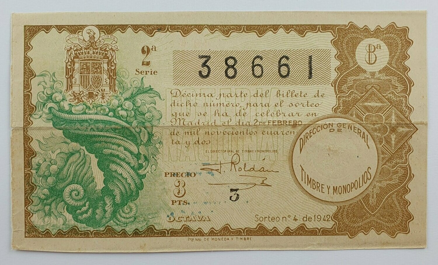 LOTERIA NACIONAL. SORTEO Nº 4 DEL 2 DE FEBRERO DE 1942