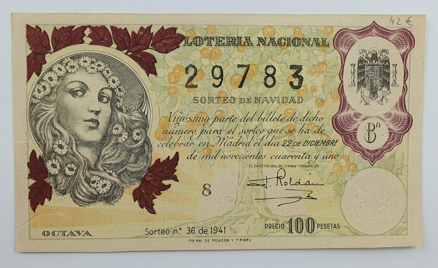 LOTERIA NACIONAL. SORTEO Nº 36 DEL 22 DE DICIEMBRE DE 1941