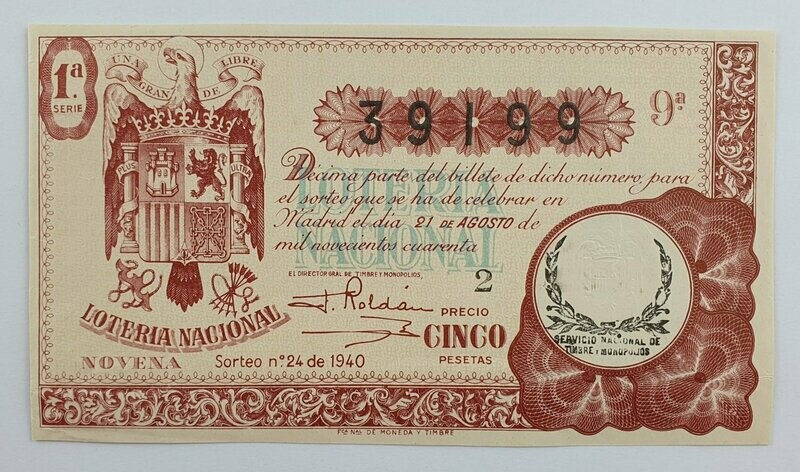 LOTERIA NACIONAL. SORTEO Nº 24 DEL 21 DE AGOSTO DE 1940