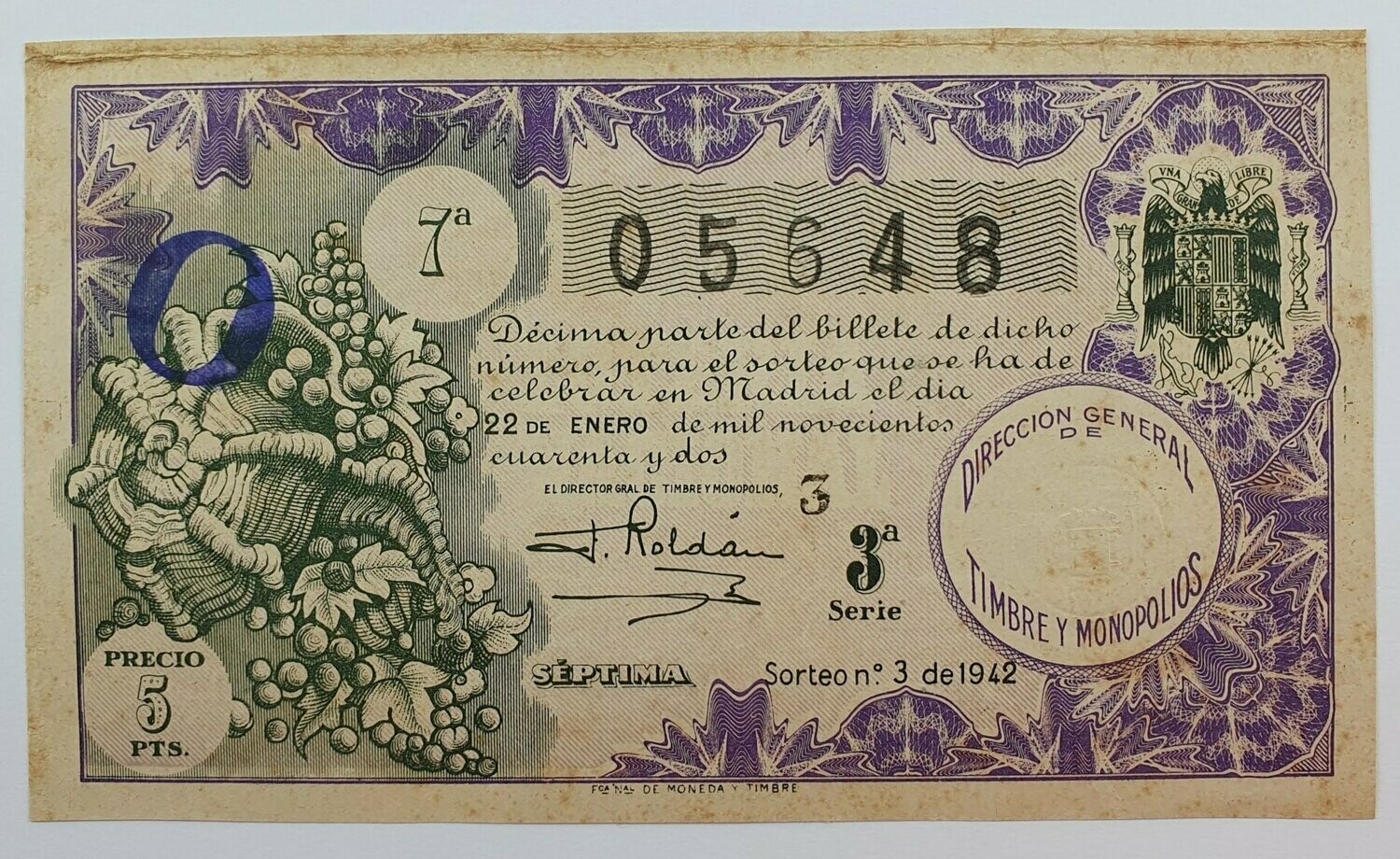 LOTERIA NACIONAL. SORTEO Nº 3 DEL 22 DE ENERO DE 1942