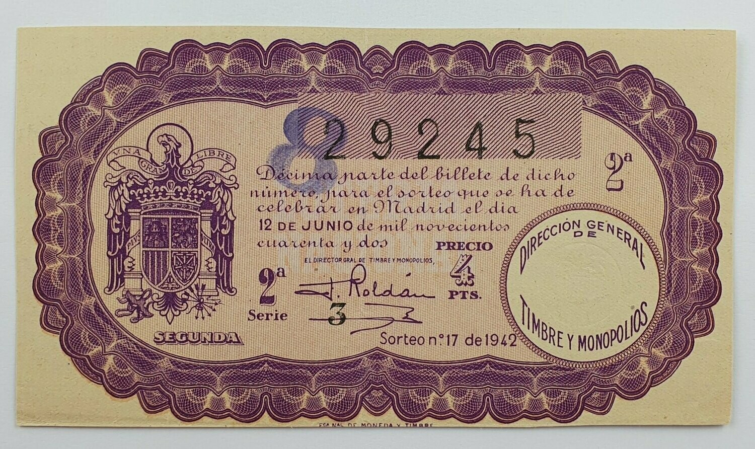 LOTERIA NACIONAL. SORTEO Nº 17 DEL 12 DE JUNIO DE 1942