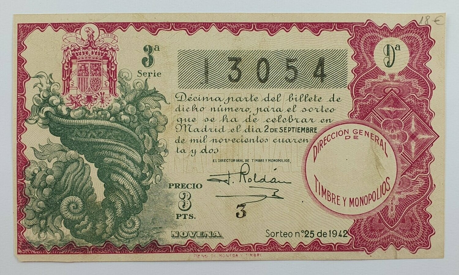 LOTERIA NACIONAL. SORTEO Nº 25 DEL 2 DE SEPTIEMBRE DE 1942