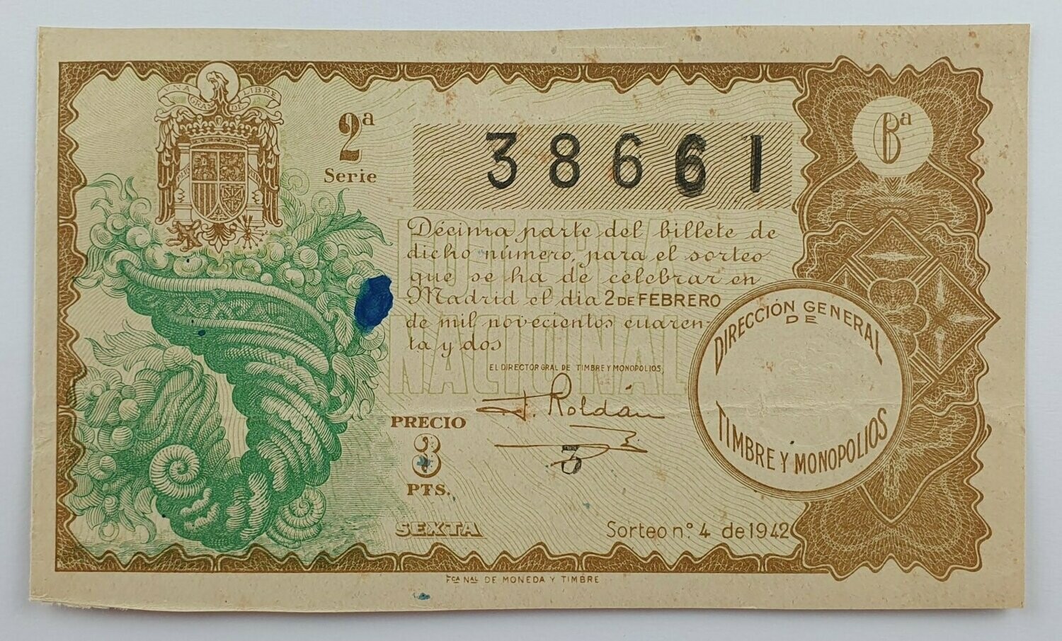 LOTERIA NACIONAL. SORTEO Nº 4 DEL 2 DE FEBRERO DE 1942