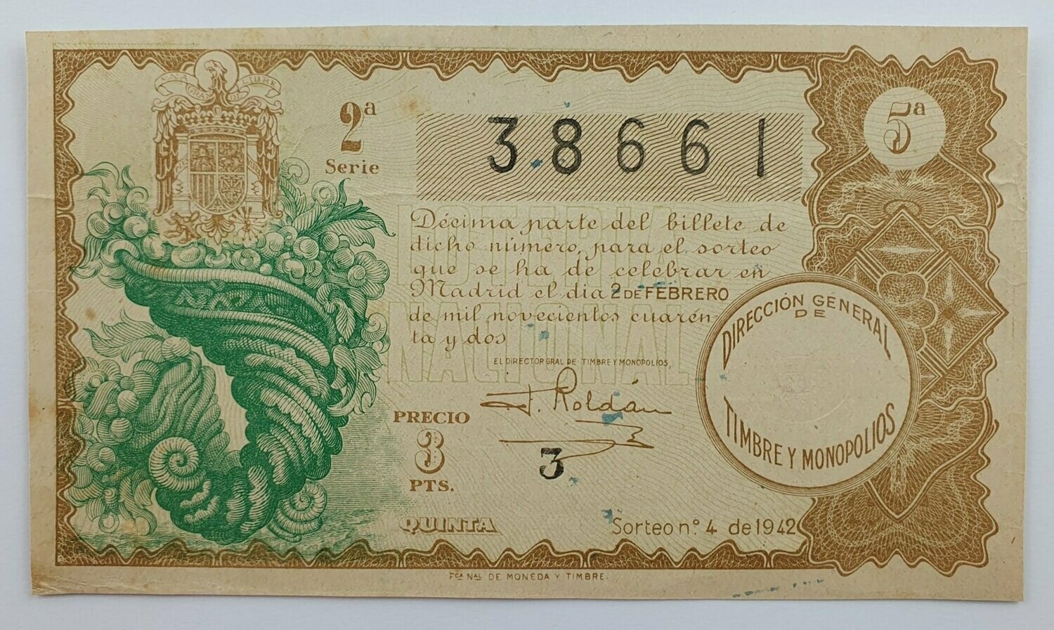 LOTERIA NACIONAL. SORTEO Nº 4 DEL 2 DE FEBRERO DE 1942