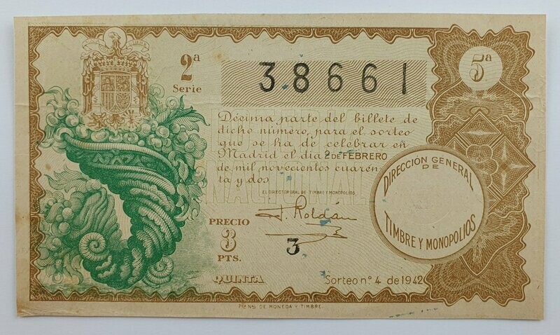 LOTERIA NACIONAL. SORTEO Nº 4 DEL 2 DE FEBRERO DE 1942