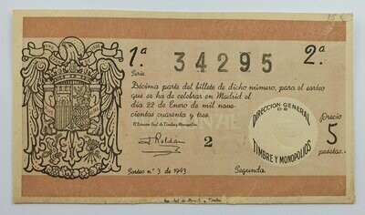 LOTERIA NACIONAL. SORTEO Nº 3 DEL 22 DE ENERO DE 1943