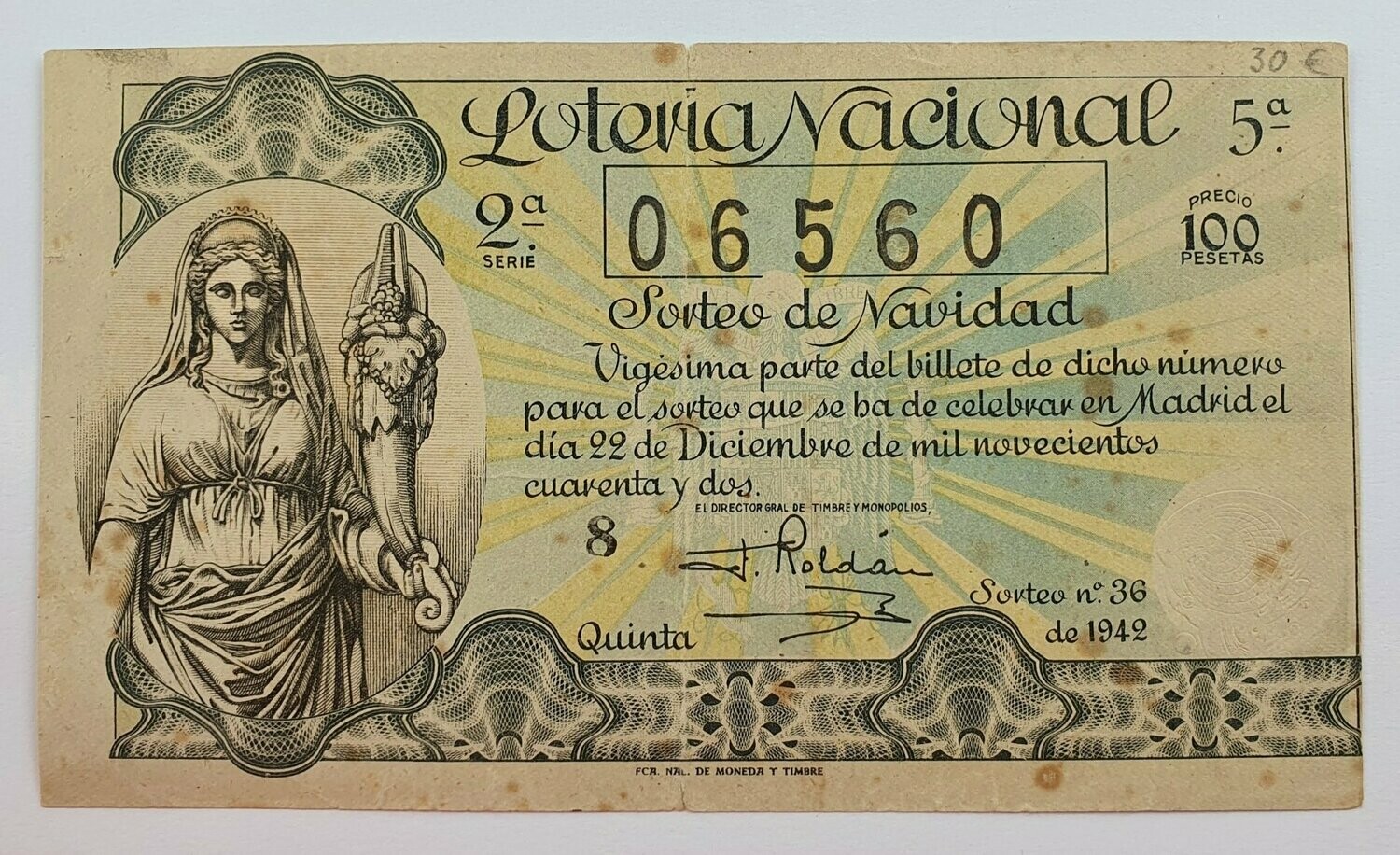 LOTERIA NACIONAL. SORTEO Nº 36 DEL 22 DE DICIEMBRE DE 1942