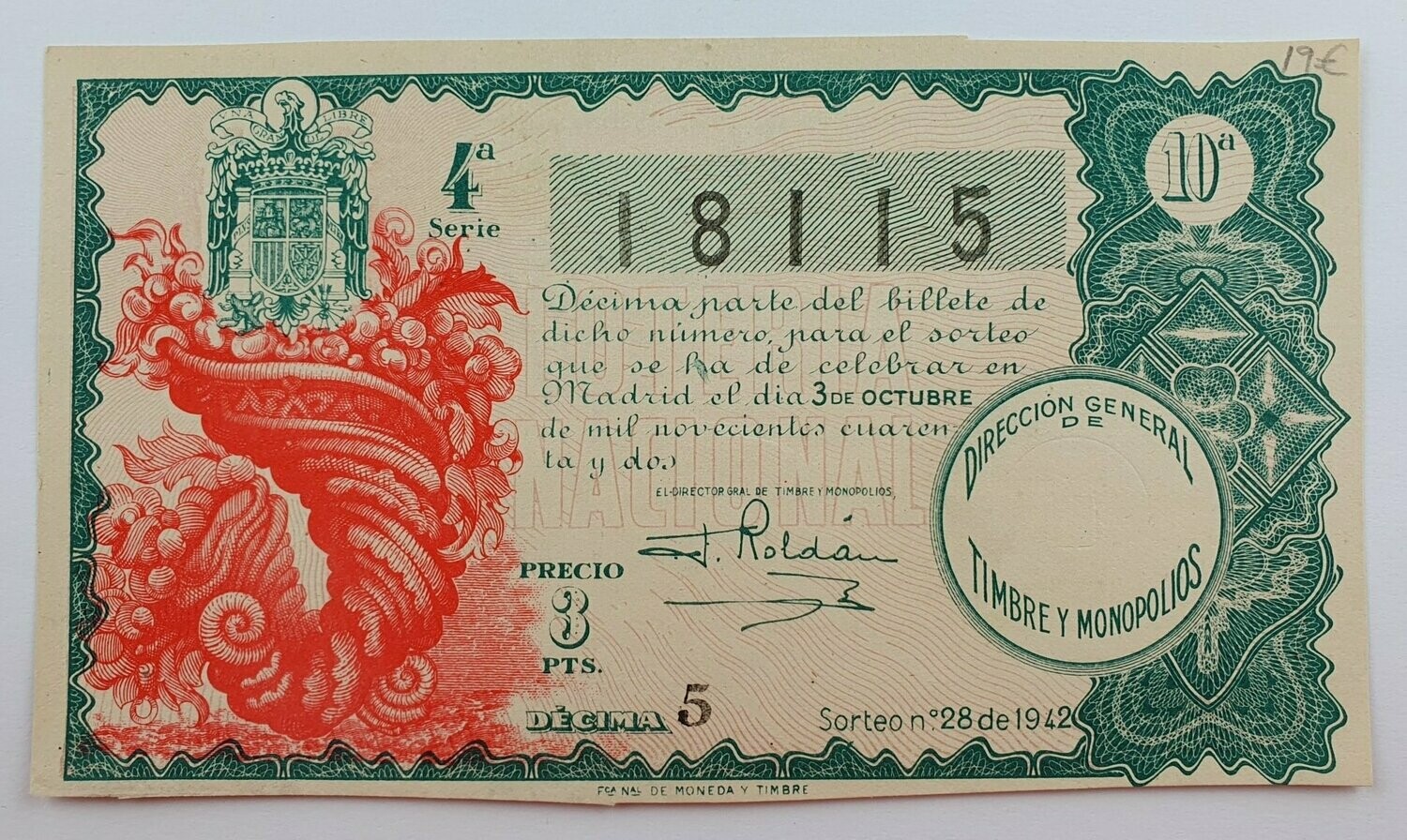 LOTERIA NACIONAL. SORTEO Nº 28 DEL 3 DE OCTUBRE DE 1942