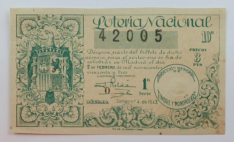 LOTERIA NACIONAL. SORTEO Nº 4 DEL 2 DE FEBRERO DE 1943