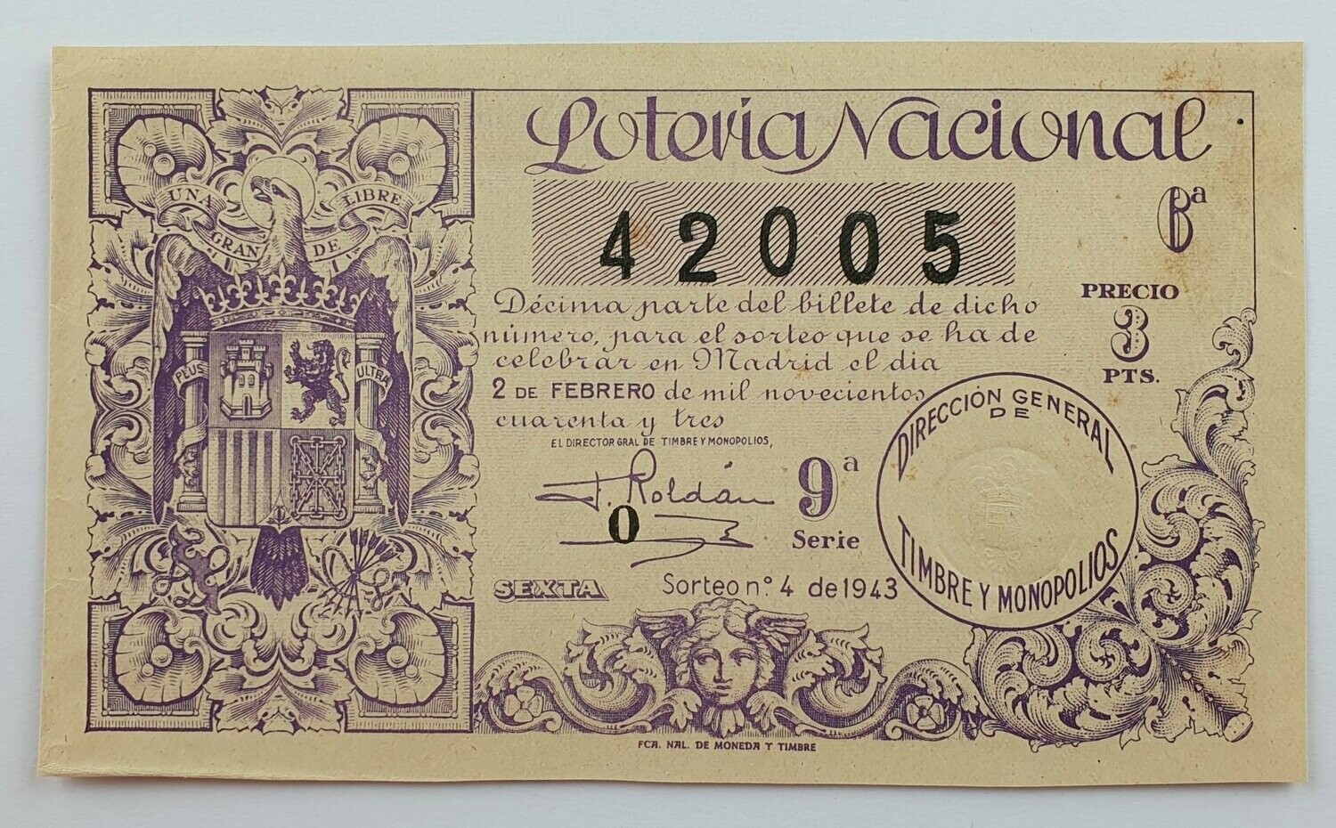 LOTERIA NACIONAL. SORTEO Nº 4 DEL 2 DE FEBRERO DE 1943