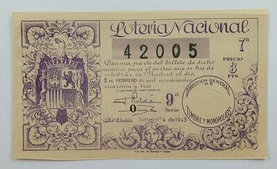 LOTERIA NACIONAL. SORTEO Nº 4 DEL 2 DE FEBRERO DE 1943