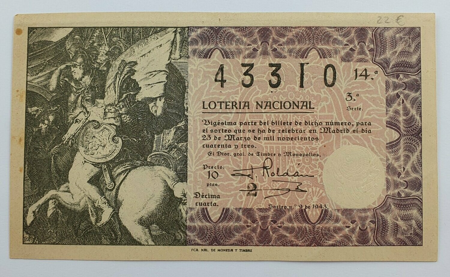 LOTERIA NACIONAL. SORTEO Nº 9 DEL 23 DE MARZO DE 1943