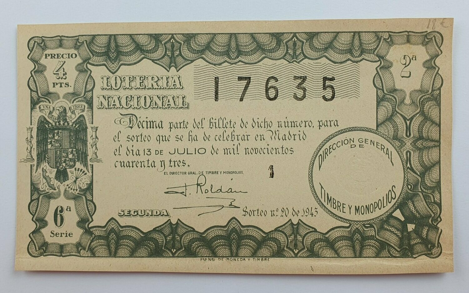 LOTERIA NACIONAL. SORTEO Nº 20 DEL 13 DE JULIO DE 1943