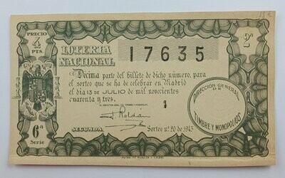 LOTERIA NACIONAL. SORTEO Nº 20 DEL 13 DE JULIO DE 1943