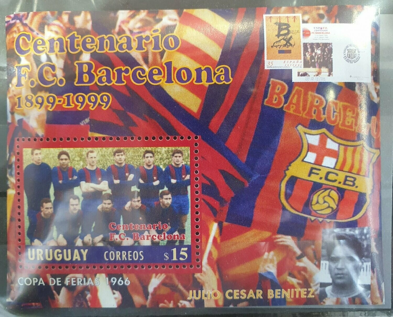 Hoja Bloque sello Uruguay centenario F.C.Barcelona
