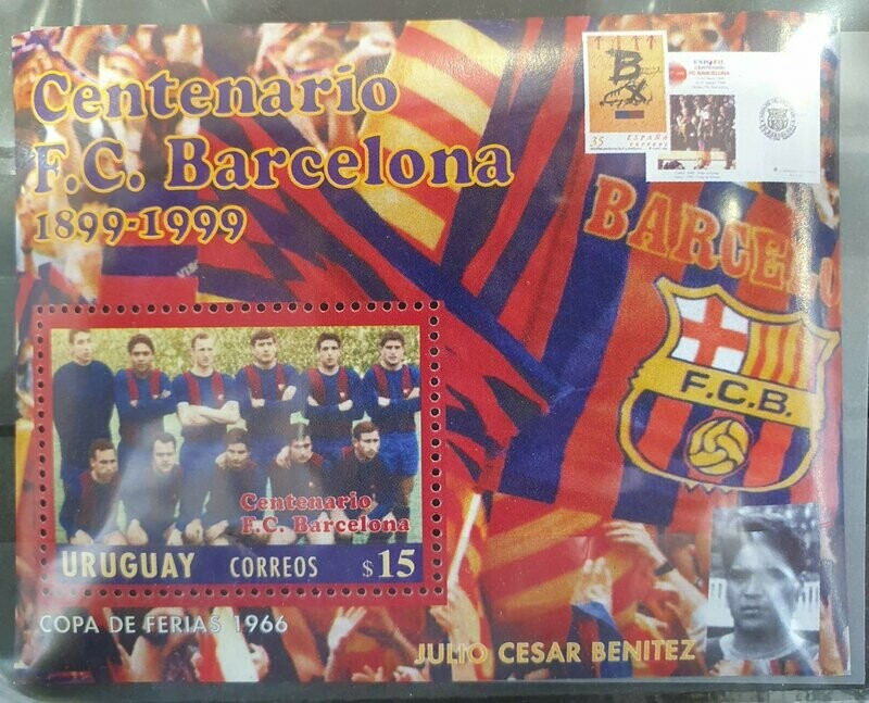 Hoja Bloque sello Uruguay centenario F.C.Barcelona