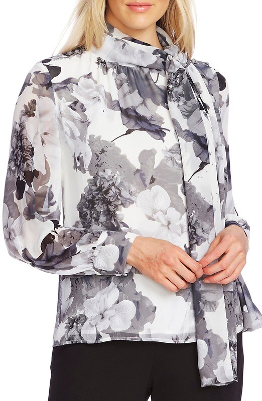 Vince Camuto Floral-Print Tie-Neck Top White/Gray 